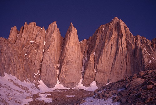 In order: Aiguille Extra, Third Needle, Crooks Peak, Keeler Needle, and Mount Whitney